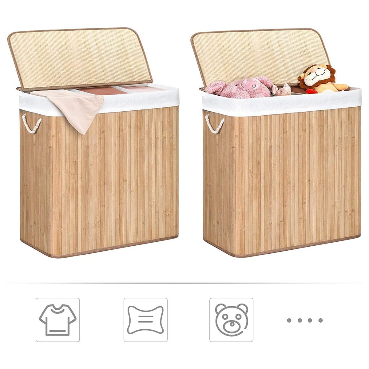 BAMBUS-WÄSCHEKORB mit 3 Fächern, Deckel und Griffen, 150L - L60 x H61,5 cm - Braun, Holz (40/61.5/7cm) - Calicosy