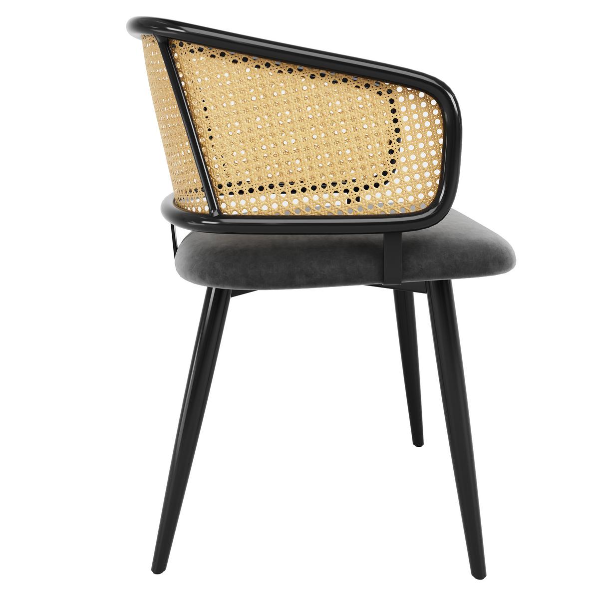 ESSZIMMERSTÜHLE 2er Set Rattan Rückenlehne & Samtsitz - Schwarz/Grau, Leder/Textil (47/79/47cm) - Urban Meuble