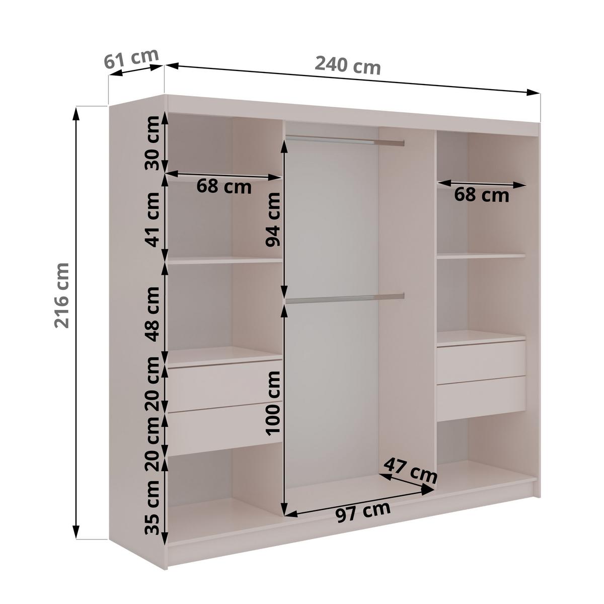 SCHWEBETÜRENSCHRANK mit Schubladen 240 - VERONA - Kaschmir mit Spiegel - Kaschmir/Alufarben, Holzwerkstoff/Metall (240/216/61cm) - MKS