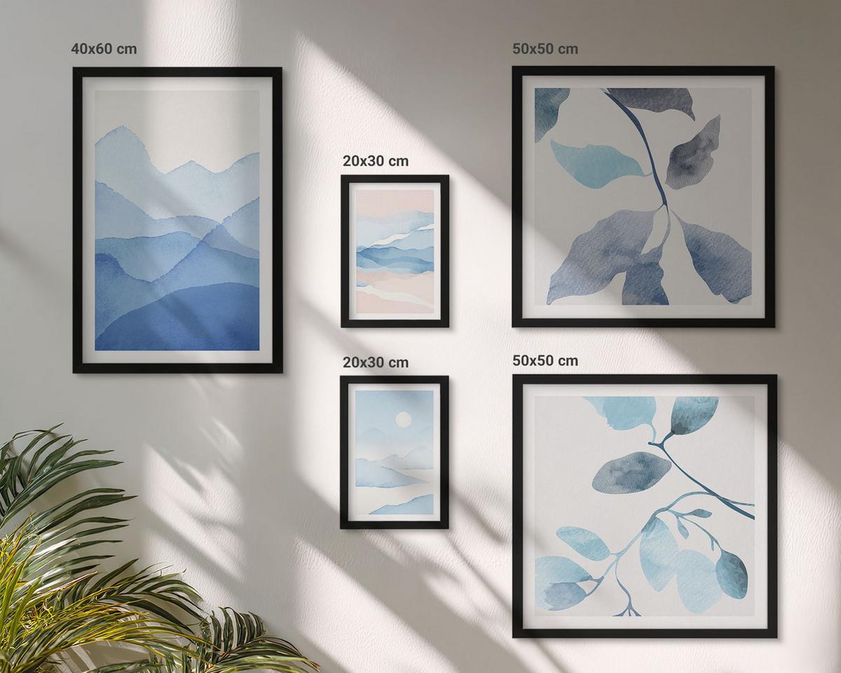 BILDER SET 5er Set - 50x50 cm & 20x30 cm & 40x60 cm Schwarzer Rahmen - Berglandschaften, Aquarellpflanzen - Schwarz, Kunststoff (40/60cm) - TULUP
