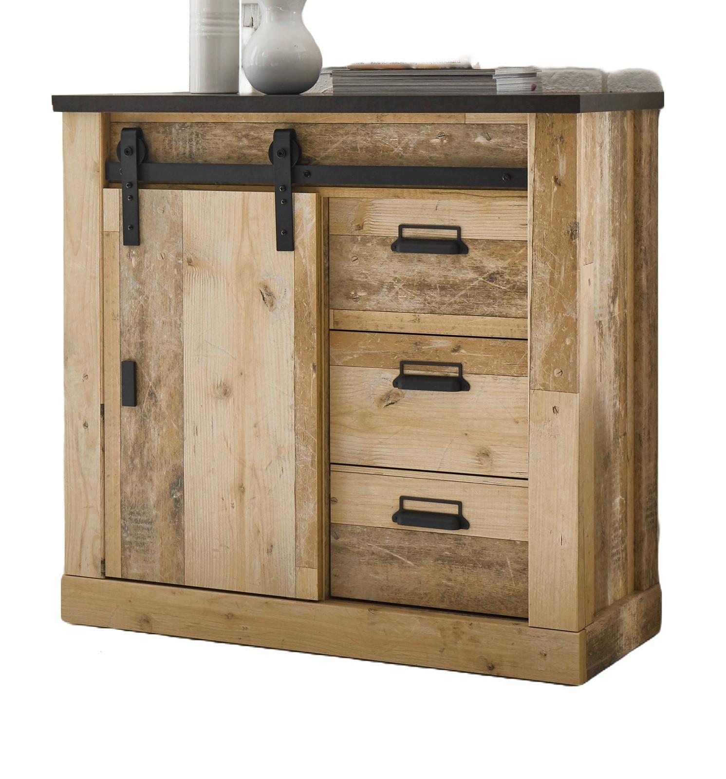SCHUHSCHRANK Flur Kommode Used Wood Vintage 93 x 91 cm, Schiebetür und Soft-Close - Anthrazit/Schwarz, Holzwerkstoff/Metall (93/91/43cm) - Furn.Design