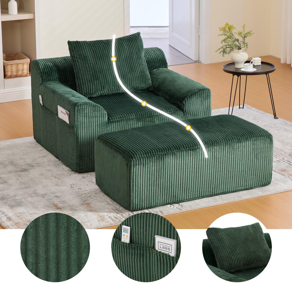 SESSEL mit Hocker in Cord Übergroßer Relaxsessel - Grün, Textil (110/67/147cm) - Urban Meuble