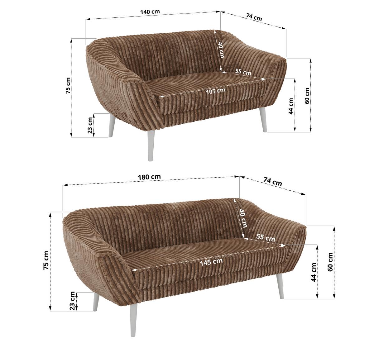 SITZGARNITUR PIRS 3+2 - Braun Cord - Weiße Beine - Braun/Weiß, Holzwerkstoff/Textil (180/75/74cm) - MKS