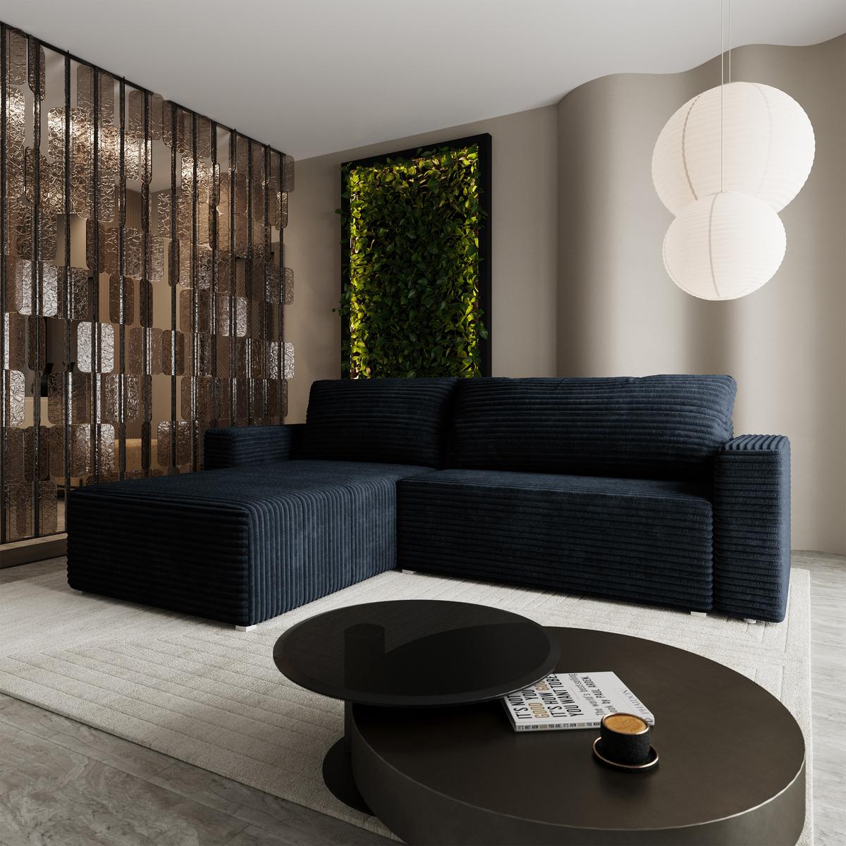 ECKSOFA CALTI T Schwarz Kordstoff mit Schlaffunktion - Schwarz, Holzwerkstoff/Textil (283/183cm) - MASSENO