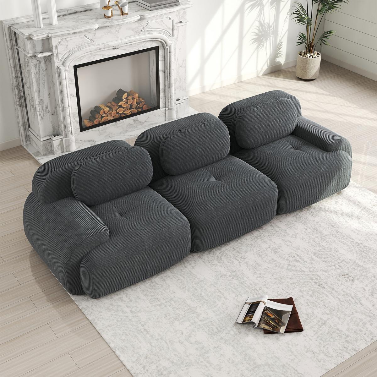 3-SITZER SOFA cordstoff grau mit rahmenlosem design & rutschfester basis - Grau, Textil (298/75/103cm) - Urban Meuble