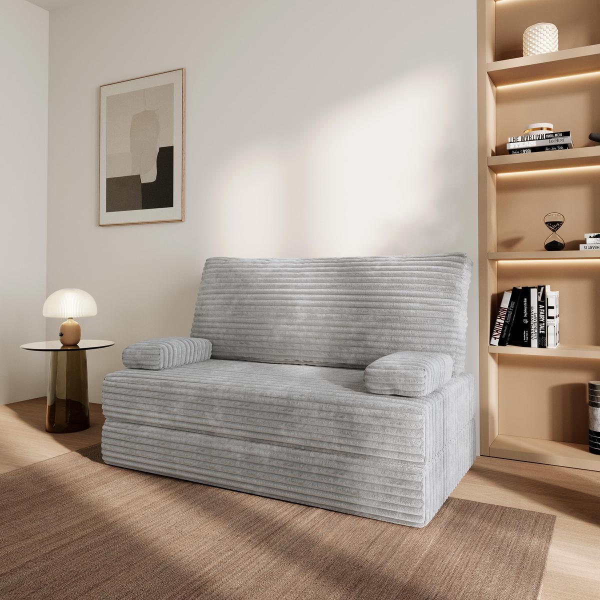 BETTSOFA LADIA aus Schaumstoff Kordstoff Hellgrau Schlaffunktion - Grau, Textil (140/86/60cm) - MASSENO