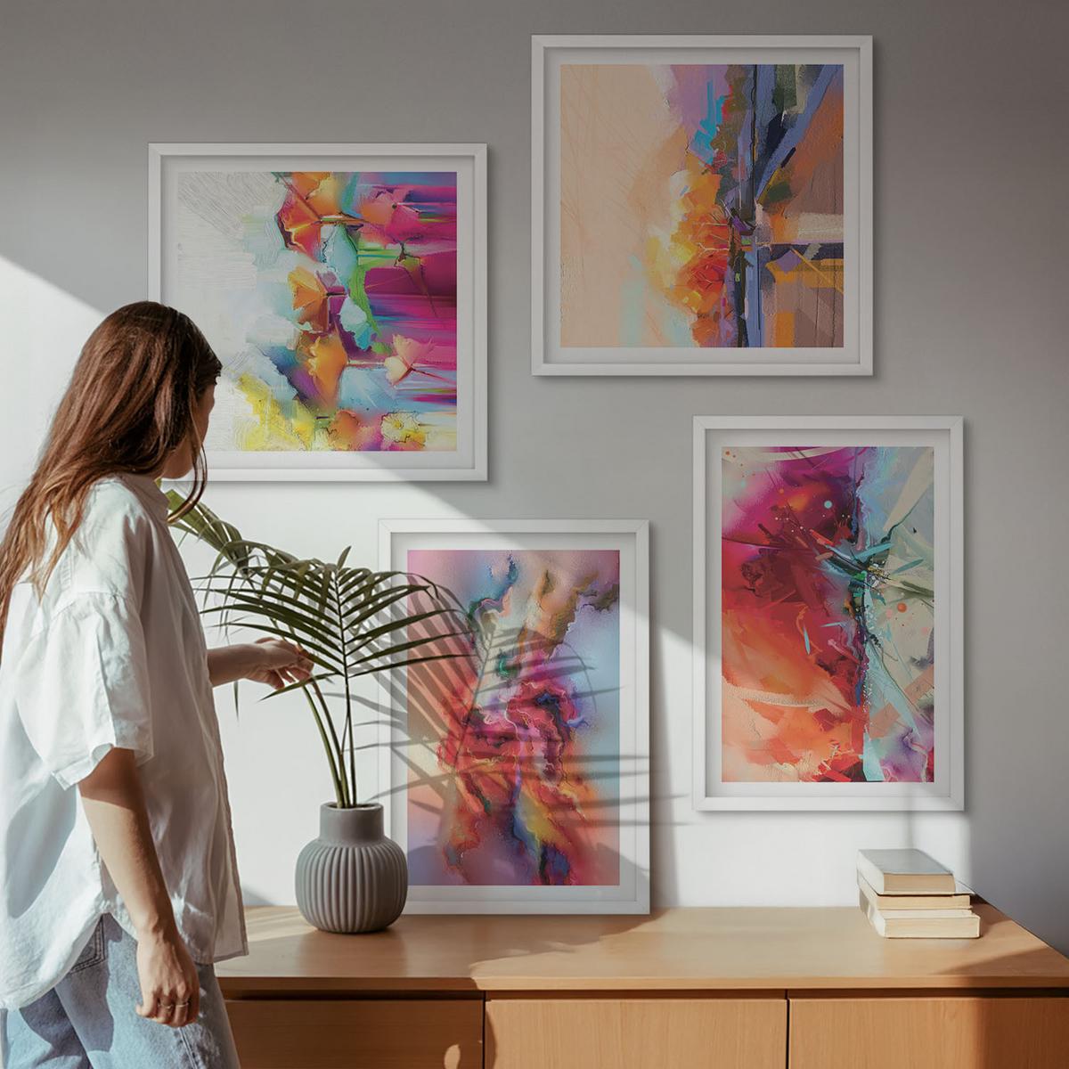 BILDER SET 4er Set - 50x50 cm & 40x60 cm Weißer Rahmen - Farbenfrohe Abstraktionen der Form - Weiß, Kunststoff (50/50cm) - TULUP