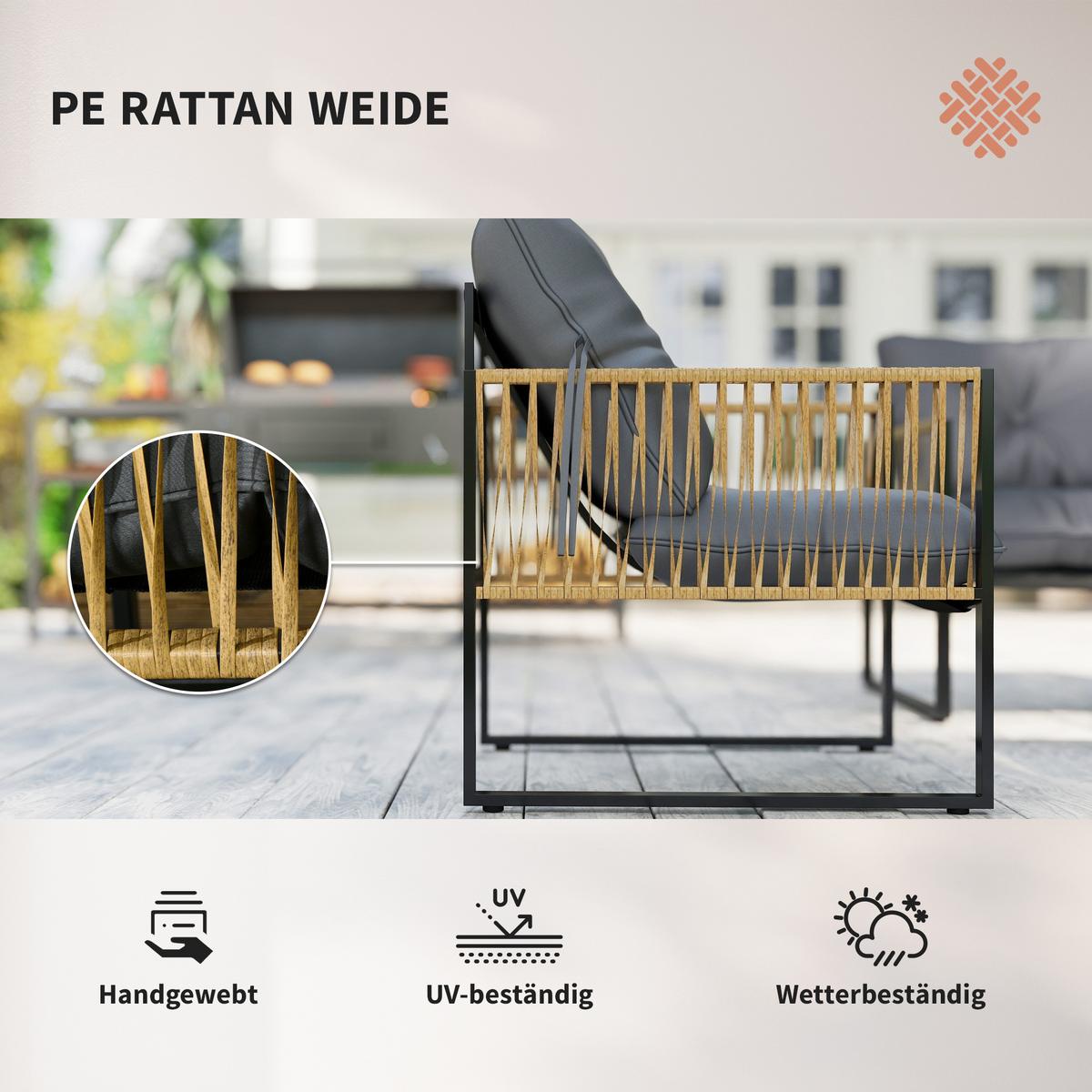 SITZGRUPPE mit Kissen, 4 tlg. Rattan Gartenmöbel-Set, Sitzgarnitur für Garten, Braun - Dunkelgrau, Kunststoff - Outsunny