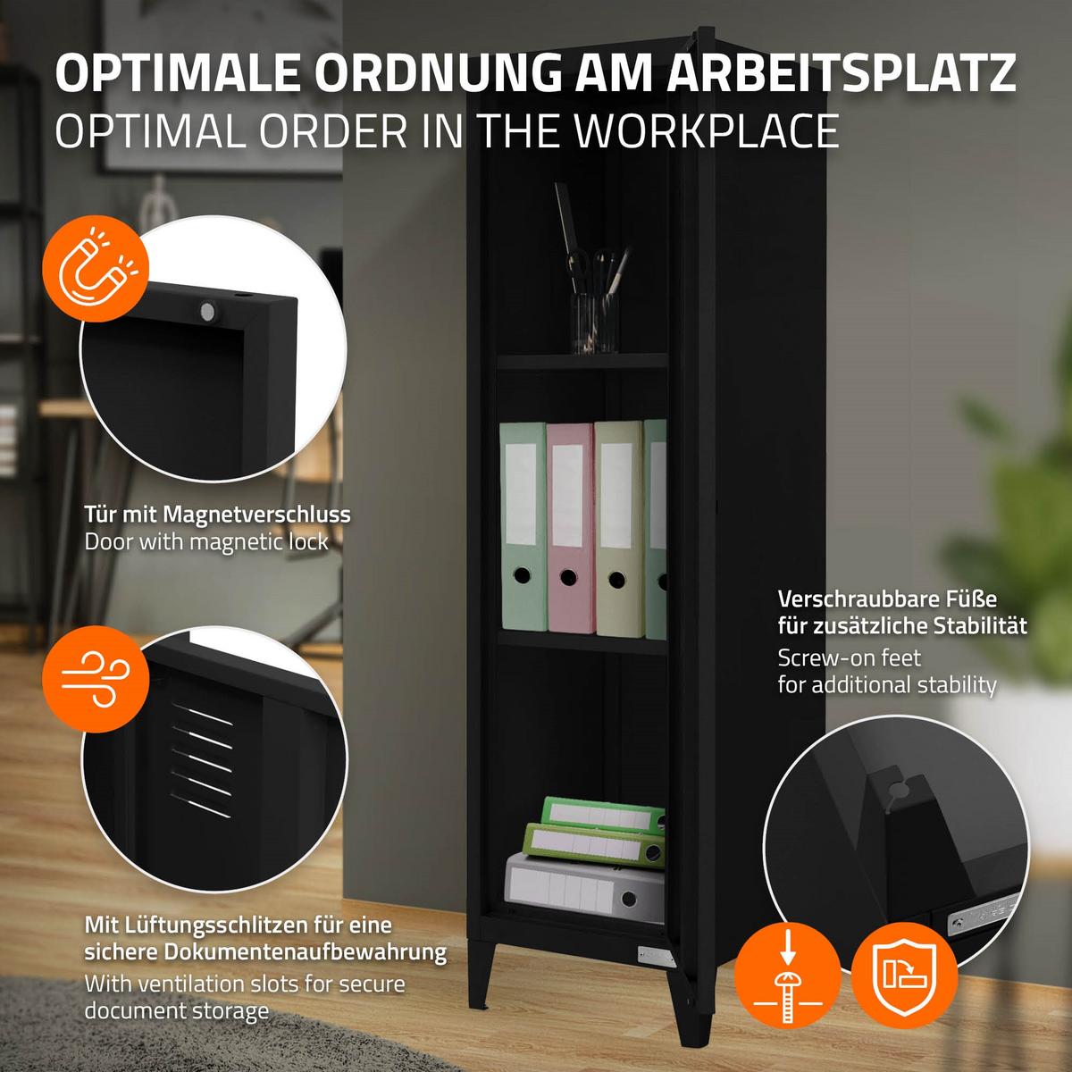 AKTENSCHRANK hoch 38x38x137,5 cm Schwarz aus Stahl - Schwarz, Metall (38/137.5/38cm) - ML-DESIGN