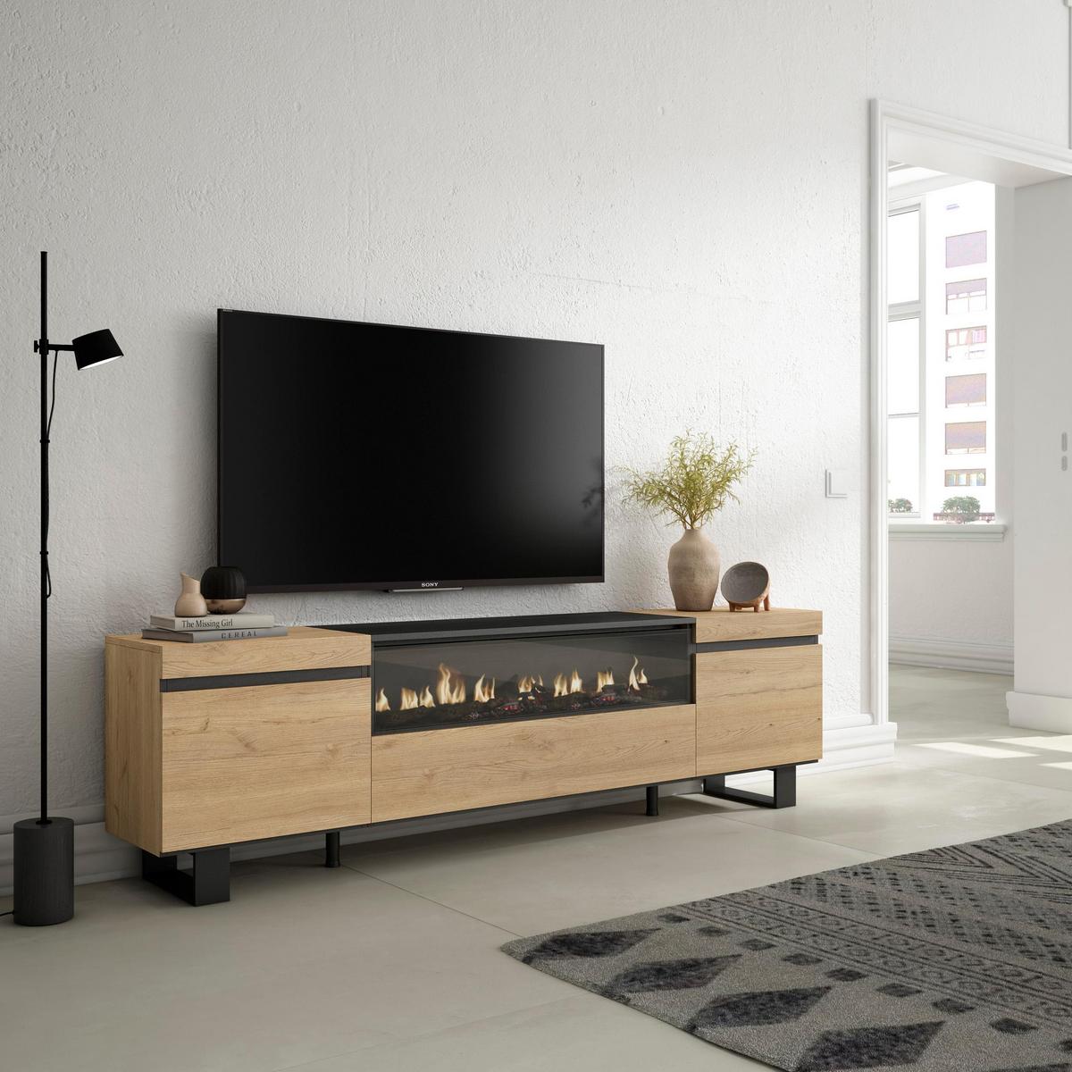 LOWBOARD mit Elektrokamin, Eiche, Schwarz, 200/35/57cm - Eichefarben/Schwarz, Holzwerkstoff (200/57/35cm) - Skraut Home
