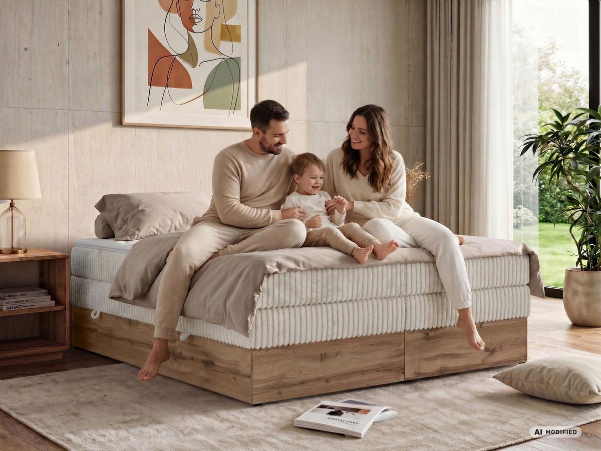 BOXSPRINGBETT WOOD ZERO KING 180/200 - Hellbraun Cord - Topper T25 - H3 - Hellbraun/Schwarz, Kunststoff/Textil (180/200cm) - MKS