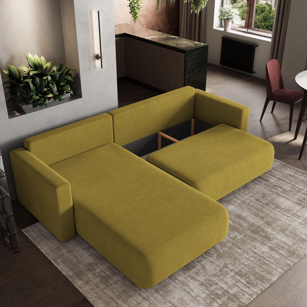 ECKSOFA TURIN Gelb Geflochtener Stoff mit Schlaffunktion - Gelb, Holz (265/183cm) - MASSENO