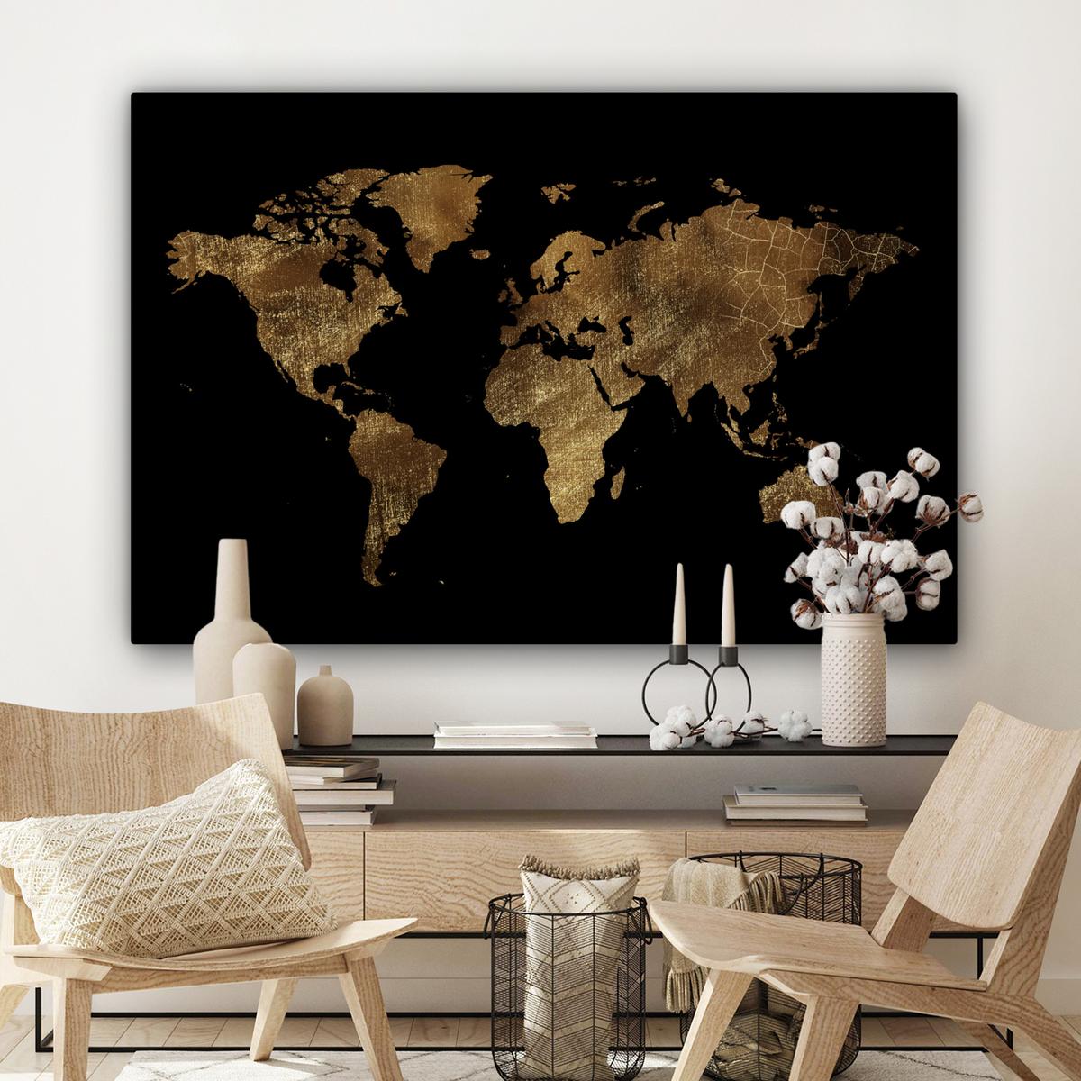 LEINWANDBILD Weltkarte - Gold - Luxus - Erde - Schwarz Wohnzimmer Groß 120x80 cm - Goldfarben, Textil (120/80cm) - MuchoWow