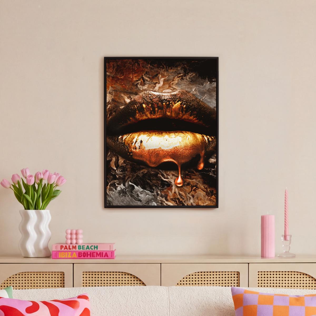 LEINWAND Bilder mit Rahmen - Gold - Lippen - Kunst - Gold - Luxus - Abstrakt - 50x70 - Kupferfarben, Textil (50/70cm) - MuchoWow