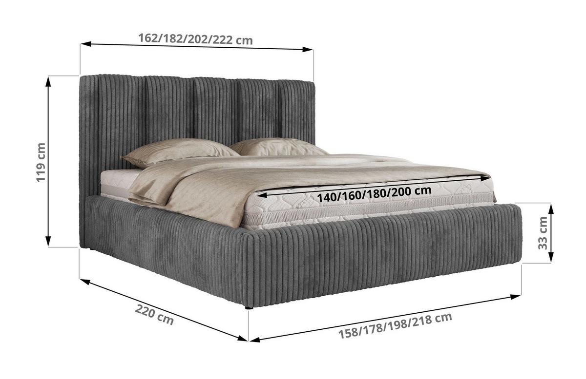 POLSTERBETT SAVINO CLASSIC 140/200 - Grau Cord - Multipocket-Matratze - Grau, Textil (140/200cm) - MKS