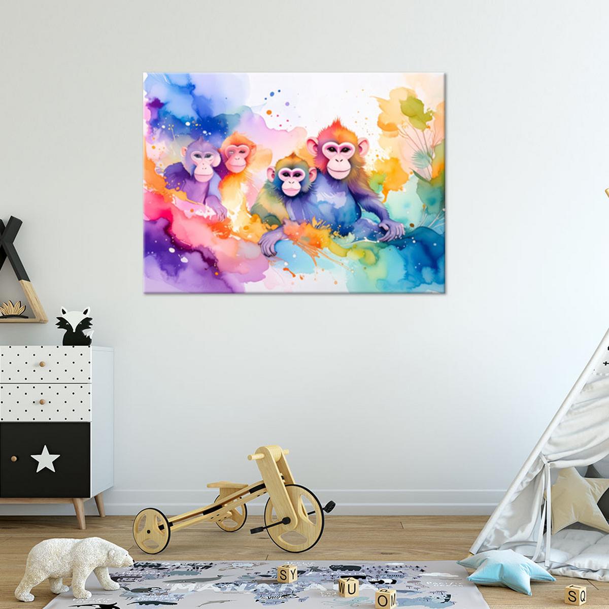 LEINWANDBILD Bunte Affen im Dschungel Aquarell 90x60cm - Multicolor, Textil (90/60cm) - Feeby