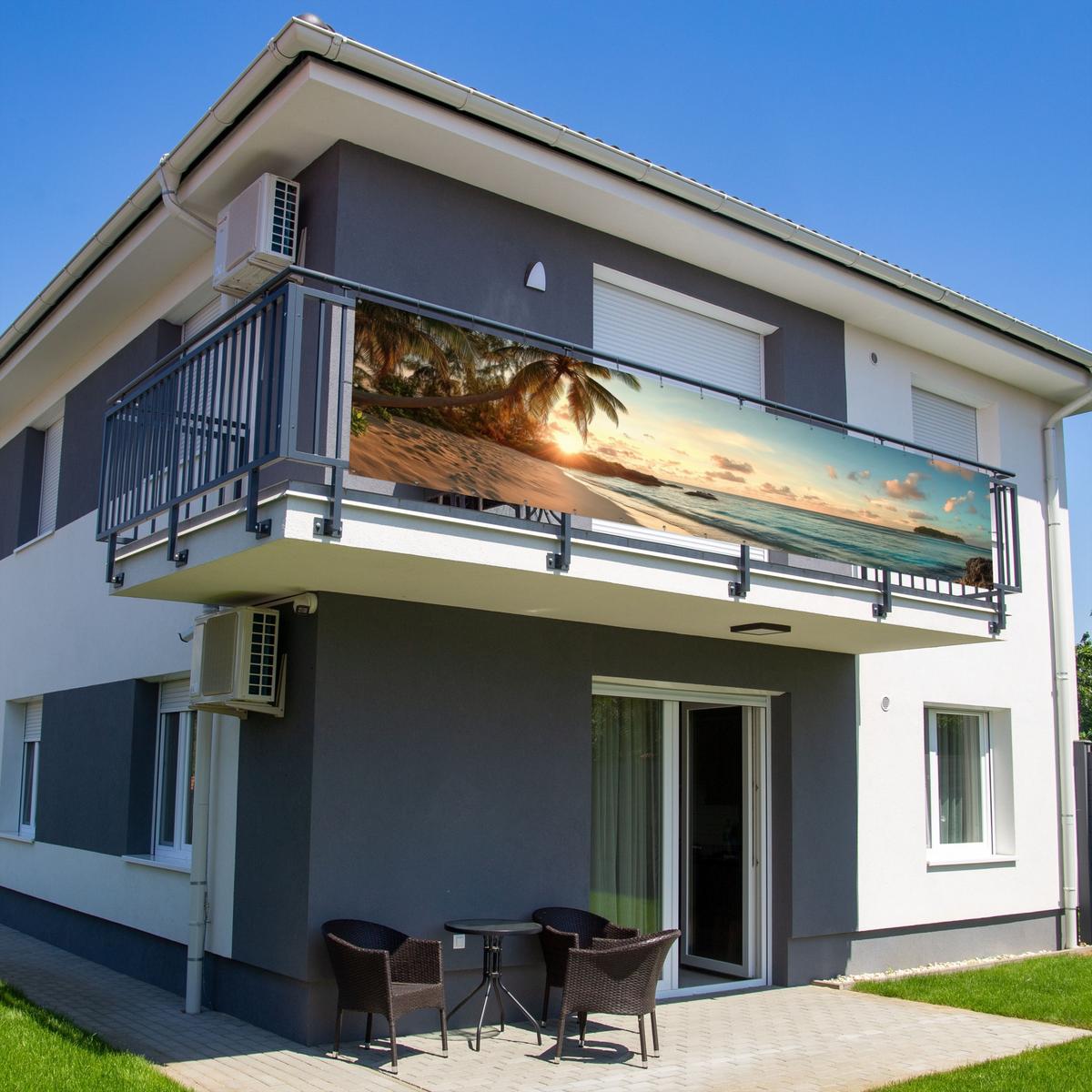 BALKON-SICHTSCHUTZ Strand - Palmen - Meer - Sonnenuntergang Deko XXL 500x110 cm - Samtahornfarben, Kunststoff (500/110cm) - MuchoWow
