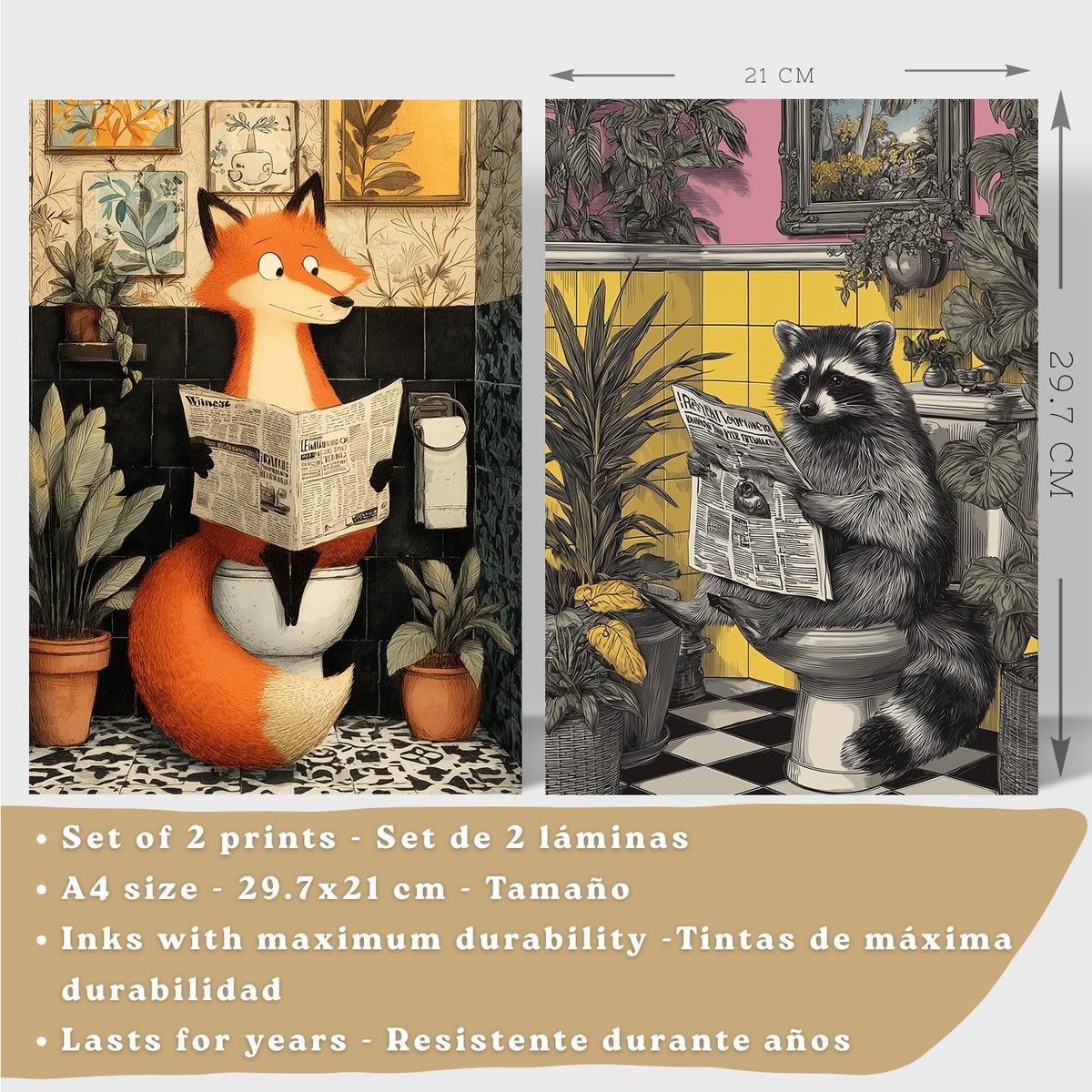 POSTER 2er-Set dekorative Badezimmer-Kunstdrucke, künstlerische für Wand, Toilette mit Tieren auf der Toilette, Vintage Leichter Holzrahmen A4 - Beige, Papier (29.7/21/3cm) - Nacnic