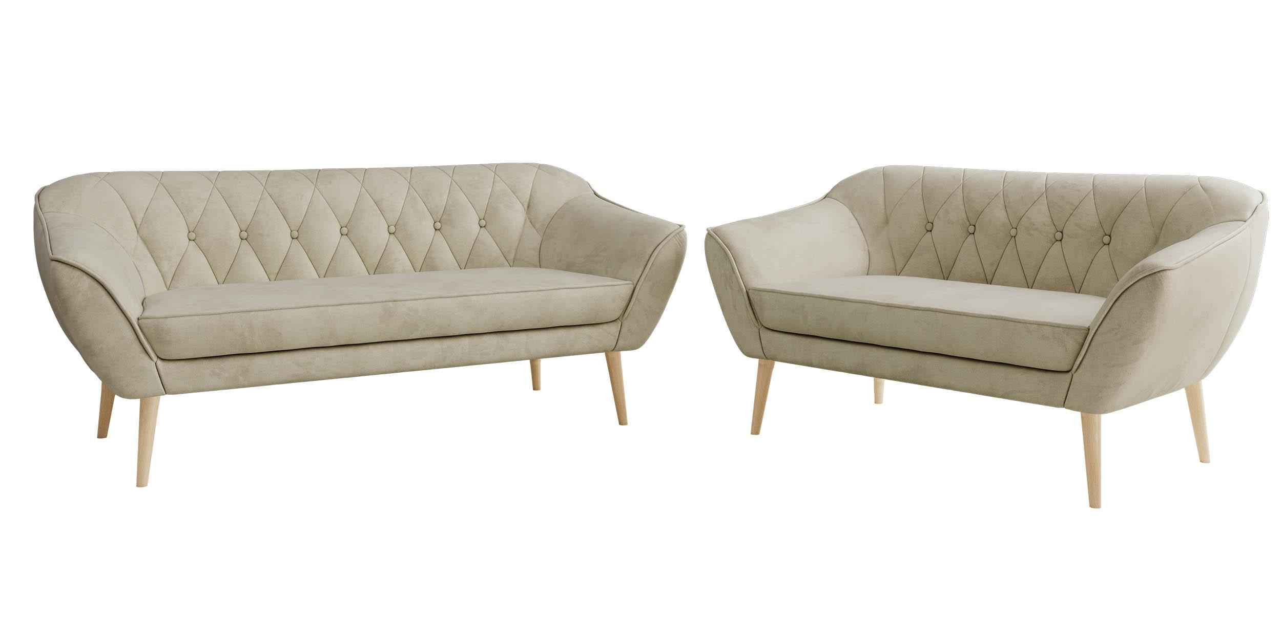 SITZGARNITUR PIRS 3+2 - Beige Velvet - Holzbeine - Beige/Buchefarben, Holzwerkstoff/Textil (180/75/74cm) - MKS