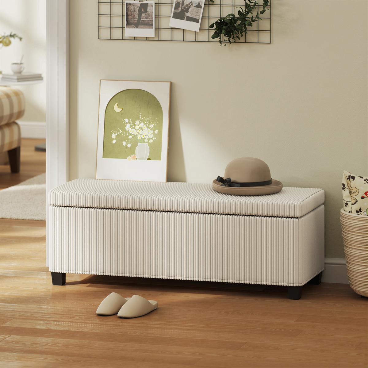 TRUHENBANK mit Cord-Optik, Stahlbeine, Beige - Beige, Metall (42/40/112cm) - HOMCOM