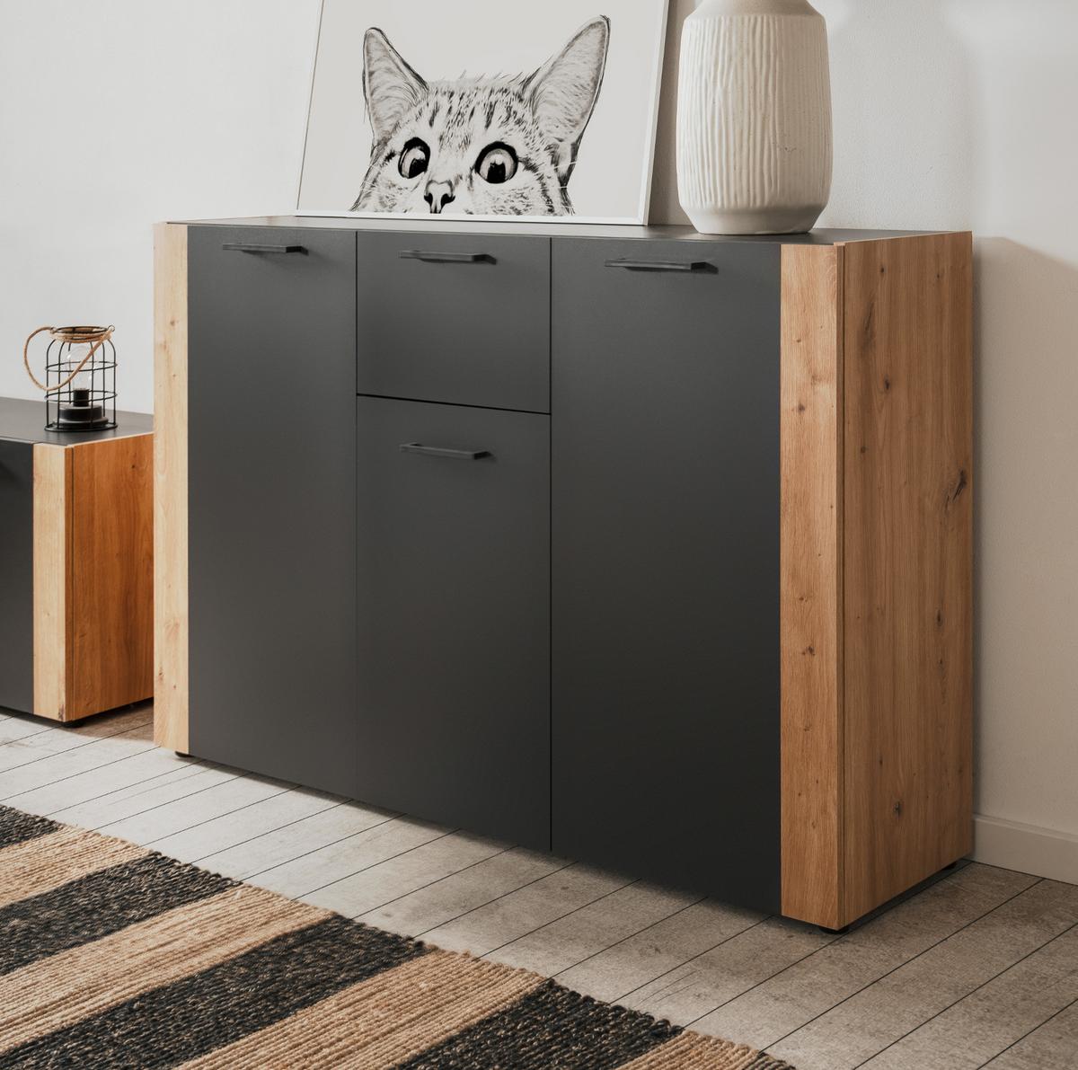 SIDEBOARD grau, Artisan Eiche 126 x 85 cm, Kommode 3-türig - Anthrazit/Schwarz, Holzwerkstoff/Kunststoff (125.5/85/34.5cm) - Furn.Design