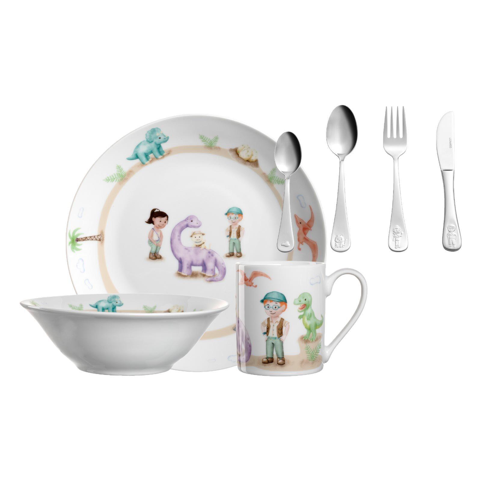 KINDERGESCHIRR SET MIT BESTECK BAMBINI AVVENTURA Dino - Grün, Keramik/Kunststoff (2/2/2cm) - Leonardo Living
