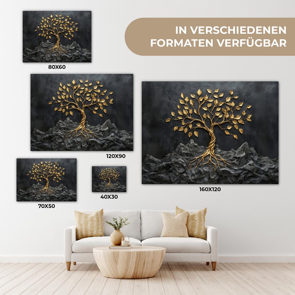 LEINWANDBILD Blätter - Gold - Baum - Fels Wandbild 40x30 cm - Schwarz, Textil (40/30cm) - MuchoWow