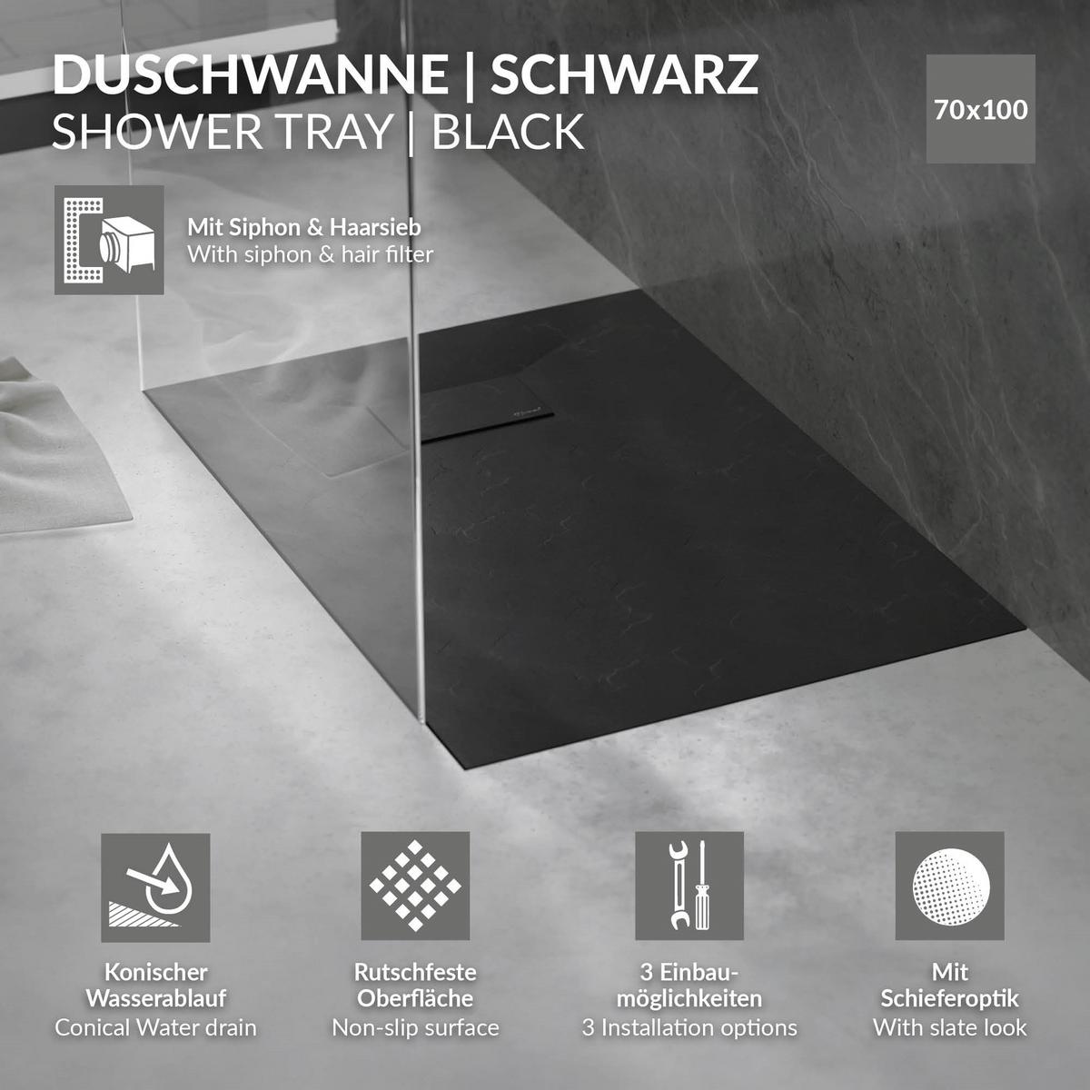 DUSCHWANNE 100x70 cm Schwarz mit Ablaufgarnitur aus SMC - Schwarz, Kunststoff (70/3/100cm) - LuxeBath
