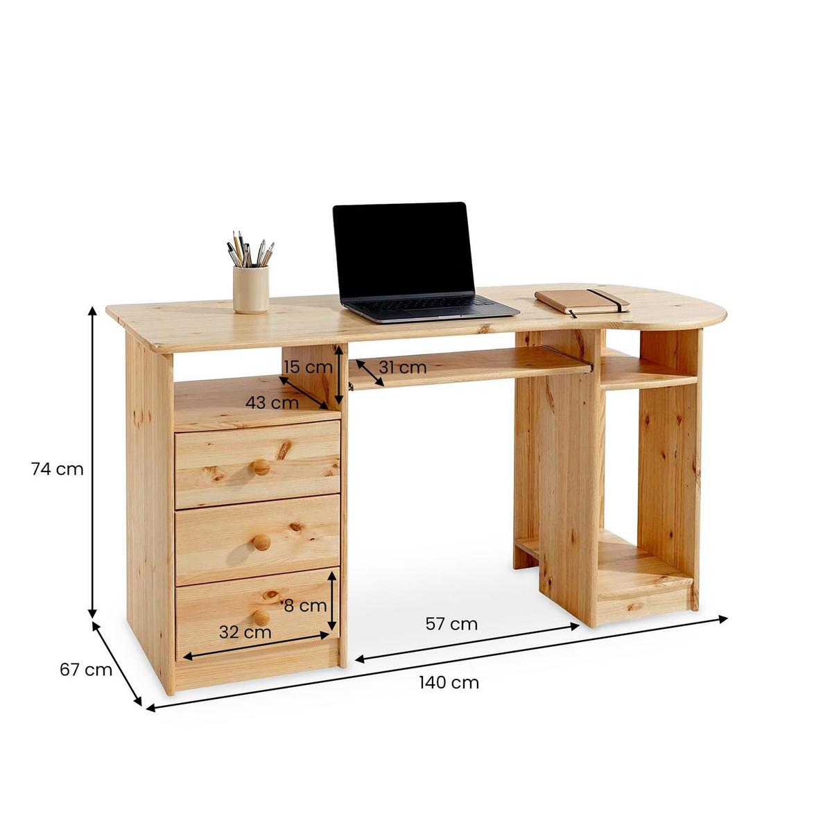 SCHREIBTISCH BOB - Naturfarben, Holz (67/140/74cm) - IDIMEX
