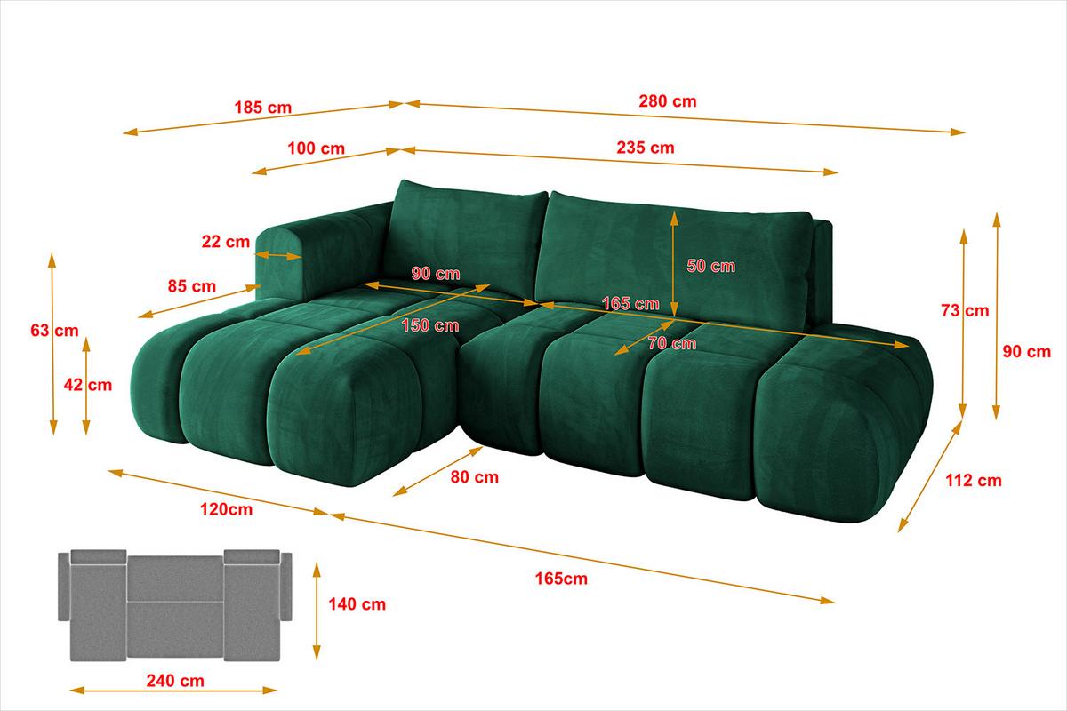 ECKSOFA Ottomane Links CLOUD-L 280x185x90 Dunkelgrün Velours - Dunkelgrün, Holzwerkstoff/Kunststoff (180/289cm) - ALTDECOR