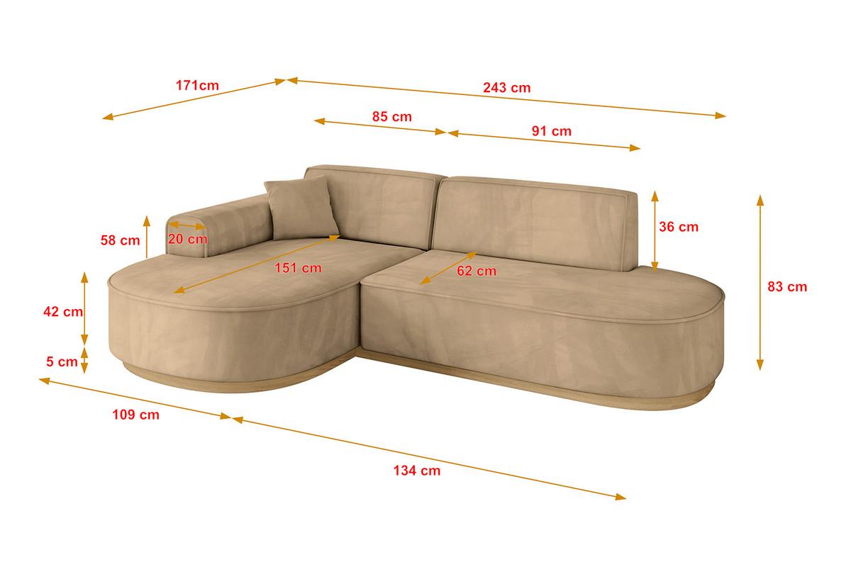 ECKSOFA Ottomane Links MARI-L1-v2 - 243x171x83 cm Taupe Velours - Taupe, Holzwerkstoff/Textil (243/171cm) - ALTDECOR
