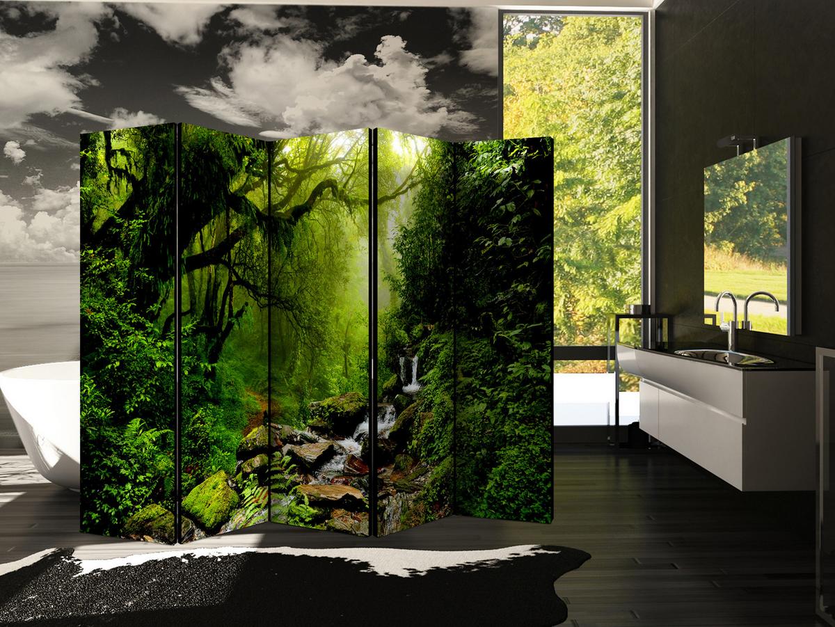 PARAVENT Beidseitig Bedruckter 5-tlg 225x172 cm Wasserfall Im Wald - Grün, Holz/Textil (225/172/3cm) - Muralo