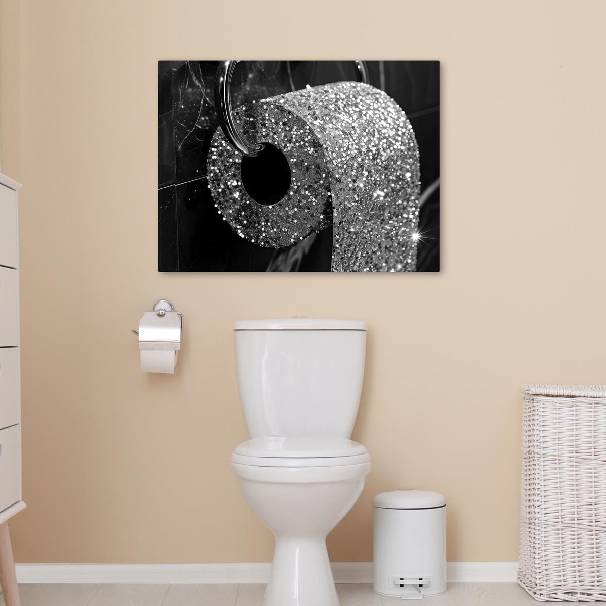 LEINWANDBILD WC - Toilettenpapier - Schwarz und weiß - Glitter Wanddeko Schlafzimmer 70x50 cm - Silberfarben, Textil (70/50cm) - MuchoWow