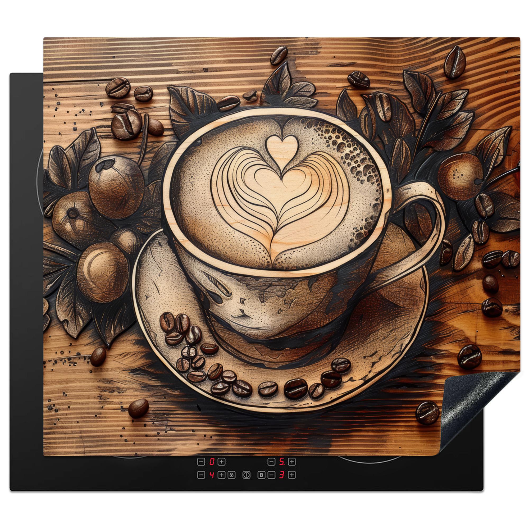 HERDABDECKPLATTE Kaffee - Vintage - Braun - Tasse - Holz Abdeckung Ceranfeld 58.3x51.3 cm - Cappuccino, Kunststoff (58.3/51.3/0.2cm) - MuchoWow