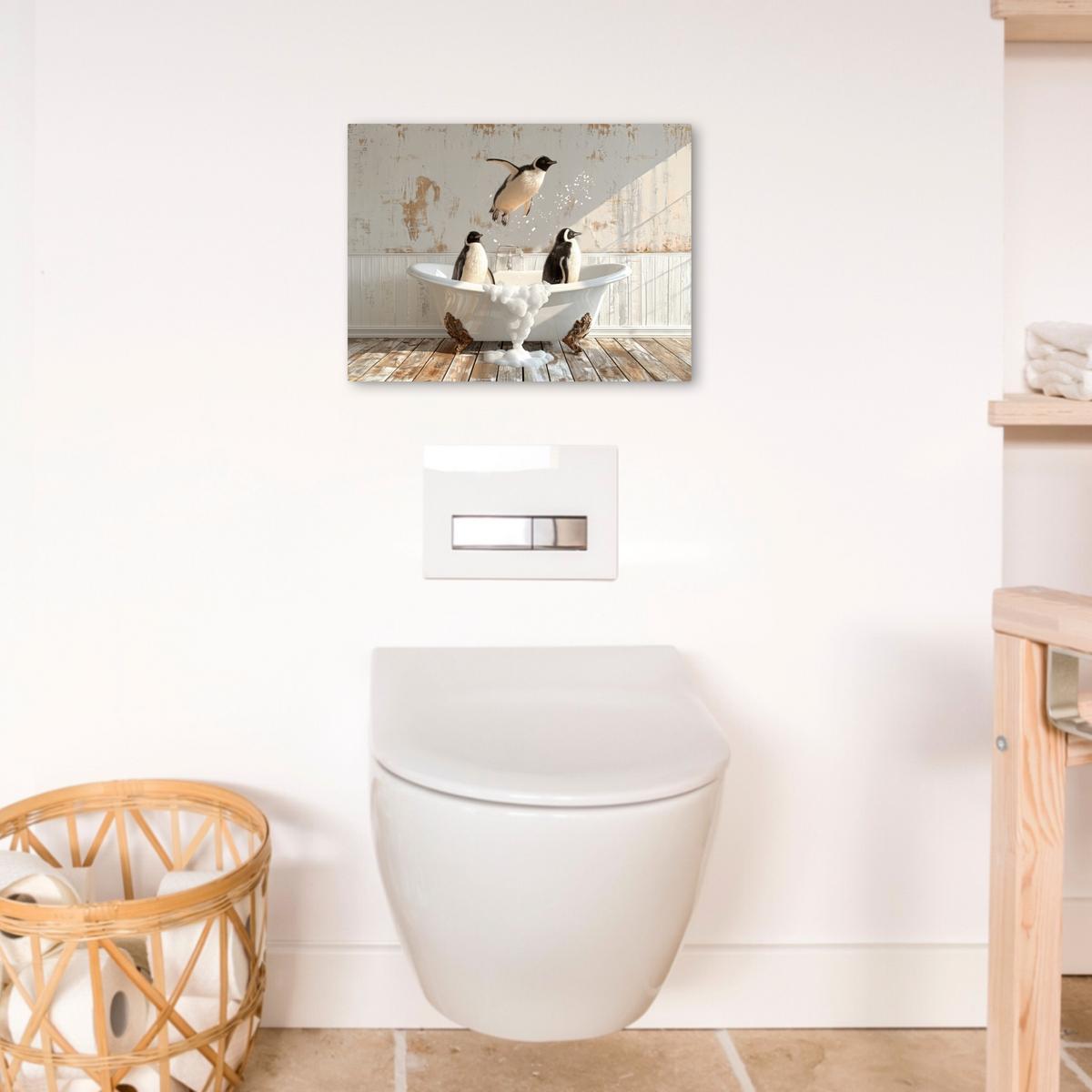 LEINWANDBILD Vintage - Pinguin - Badewanne - Schaumstoff Wandbild 40x30 cm - Schwarz, Textil (40/30cm) - MuchoWow