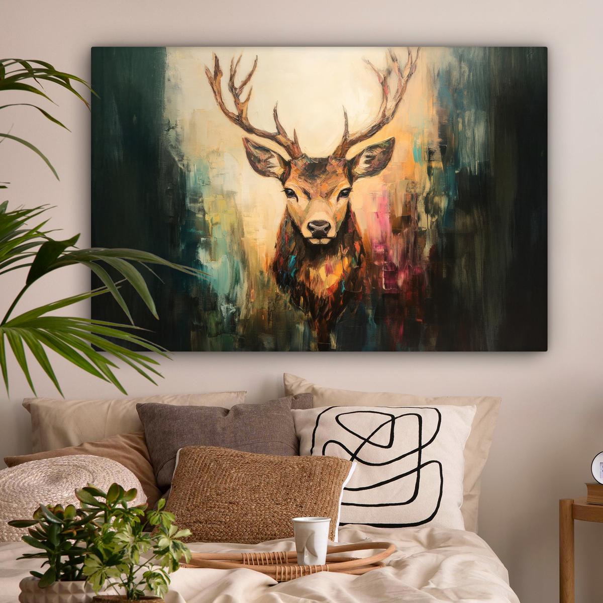 LEINWANDBILD Hirsch - Gemalt - Geweih - Braun XXL 150x100 cm - Haselnussfarben, Textil (150/100cm) - MuchoWow