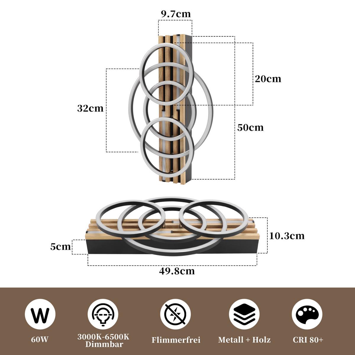 LED DECKENLEUCHTE Trisal 50/32/10.3 cm - Schwarz, Holz/Metall (50/32/10.3cm) - ZMH