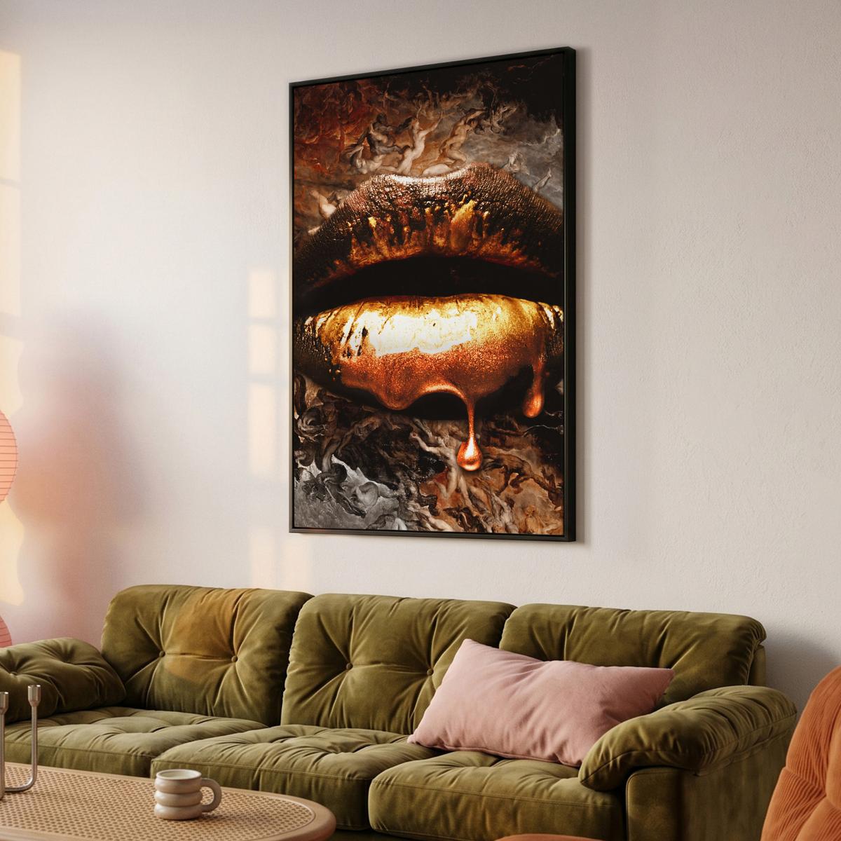 LEINWAND Bilder mit Rahmen - Gold - Lippen - Kunst - Gold - Luxus - Abstrakt - 100x150 - Kupferfarben, Textil (100/150cm) - MuchoWow