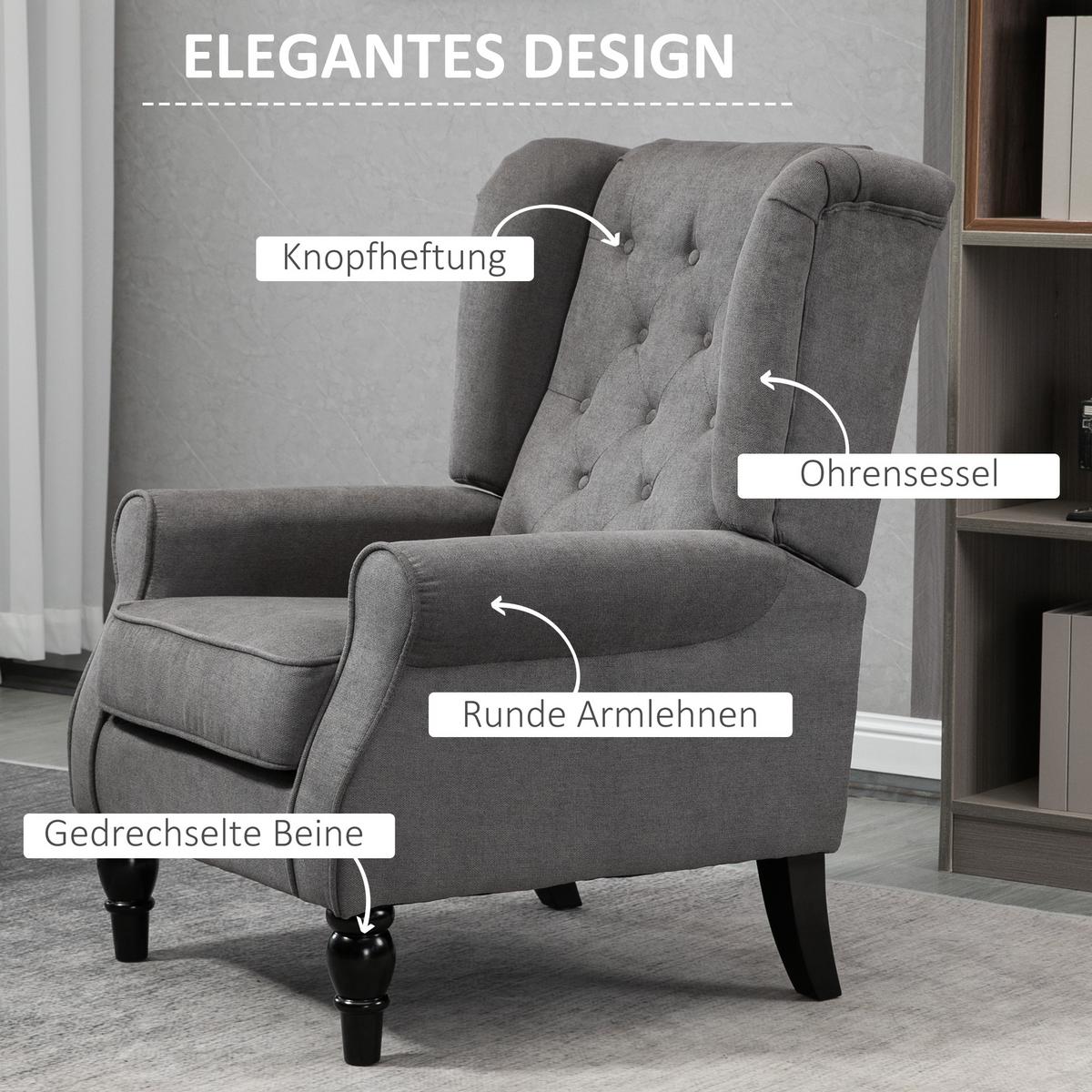 EINZELSESSEL mit Tufting Relaxsessel Einzelstuhl Holzfüße Polyester Dunkelgrau - Dunkelgrau/Schwarz, Holz/Textil (86/102/74cm) - HOMCOM