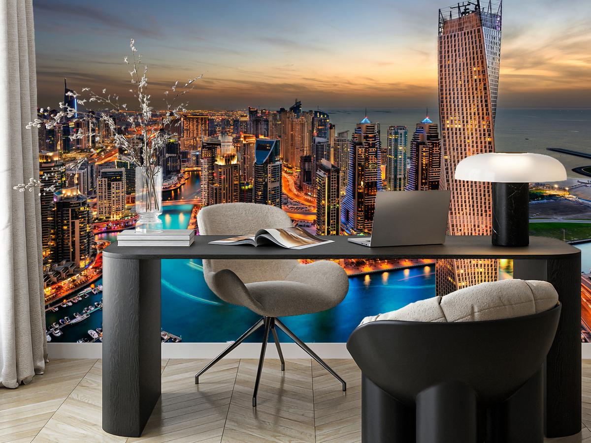 FOTOTAPETE für Büro Hochhäuser Dubai Marina Hafen Lichter Modern 150x105 - Türkis/Gelb, Papier (150/105cm) - Muralo