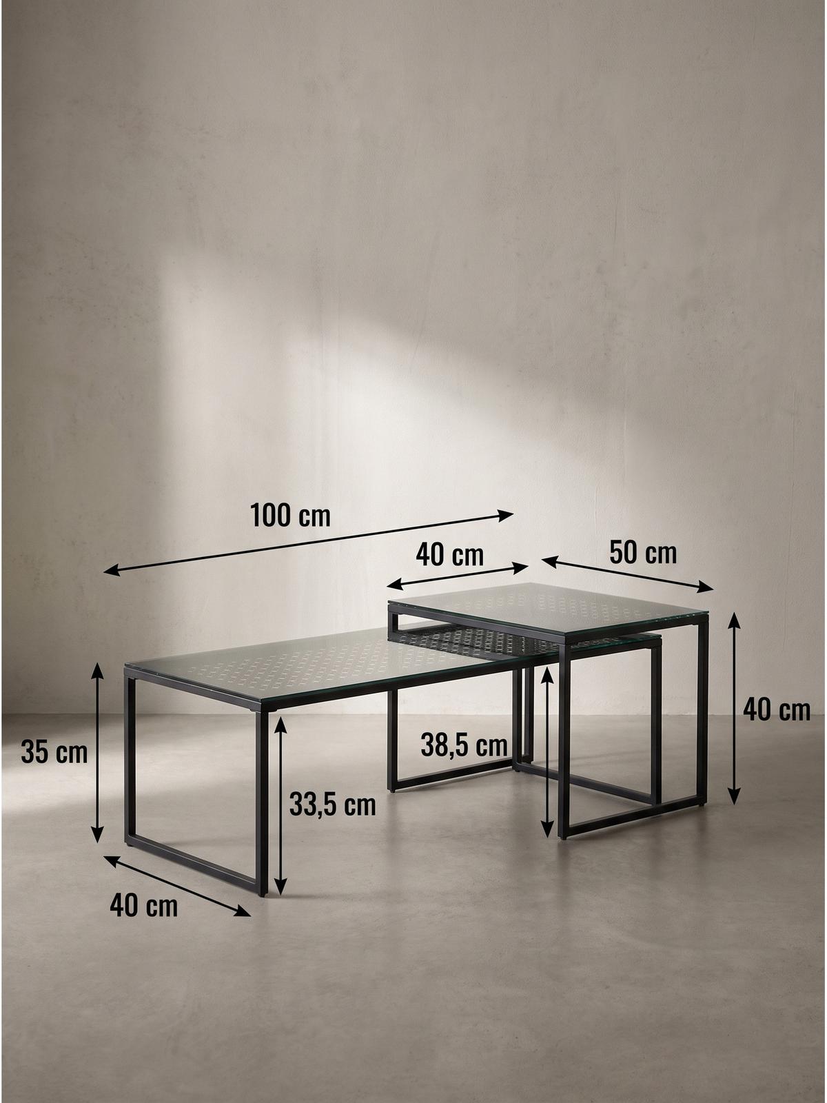 SOFATISCHE 2er-Set ALCUDIA, Einscheibensicherheitsglas, Schwarz, 100 x 40 x 35 cm - Schwarz, Glas/Metall (40/100/35cm) - KADIMA DESIGN