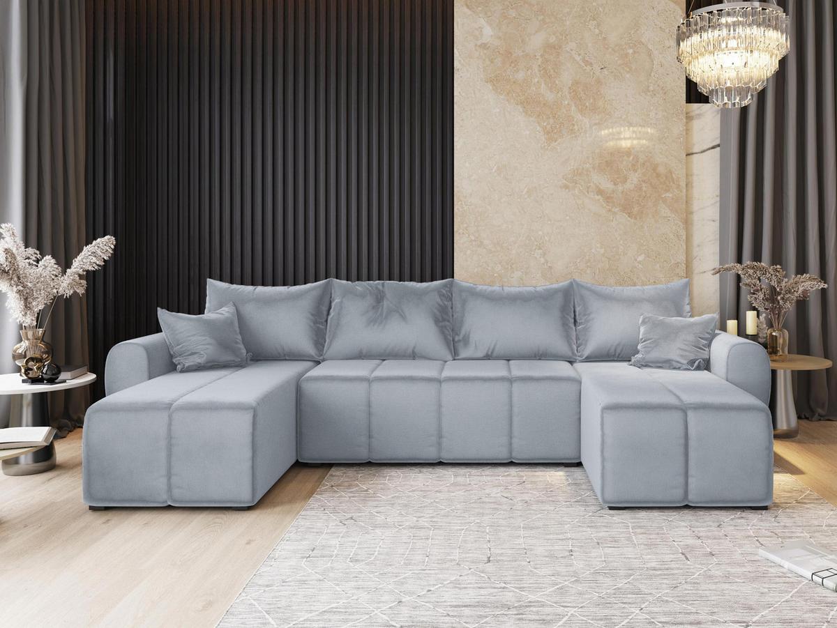 WOHNLANDSCHAFT MADISON U Hellgrau Plüsch-Stoff mit Schlaffunktion - Hellgrau/Schwarz, Holz/Kunststoff (311/82/145cm) - MASSENO