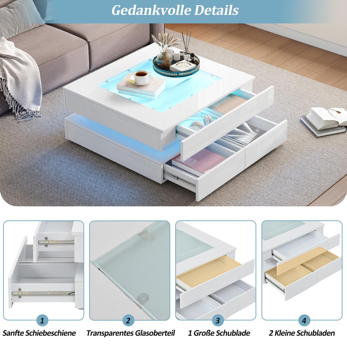 COUCHTISCH 70x70 cm Weiß Hochglanz mit Glasplatte & LED - Weiß, Holzwerkstoff (70/70/35cm) - Urban Meuble