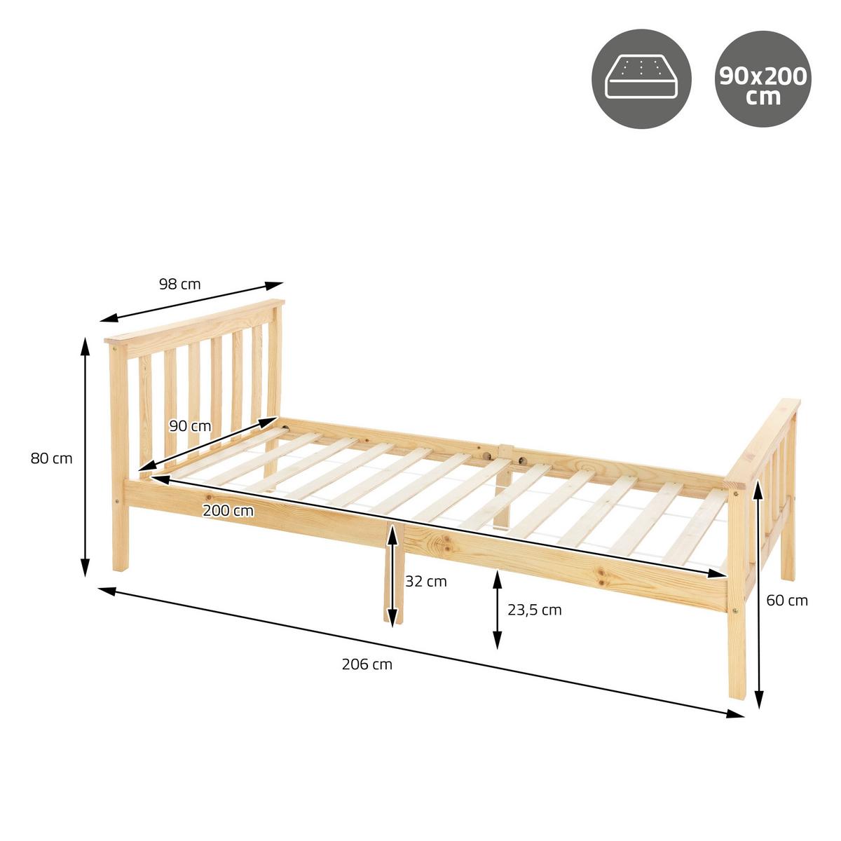 HOLZBETT 90x200 cm Natur aus Kiefernholz mit Lattenrost - Naturfarben, Holz (90/200cm) - ML-DESIGN