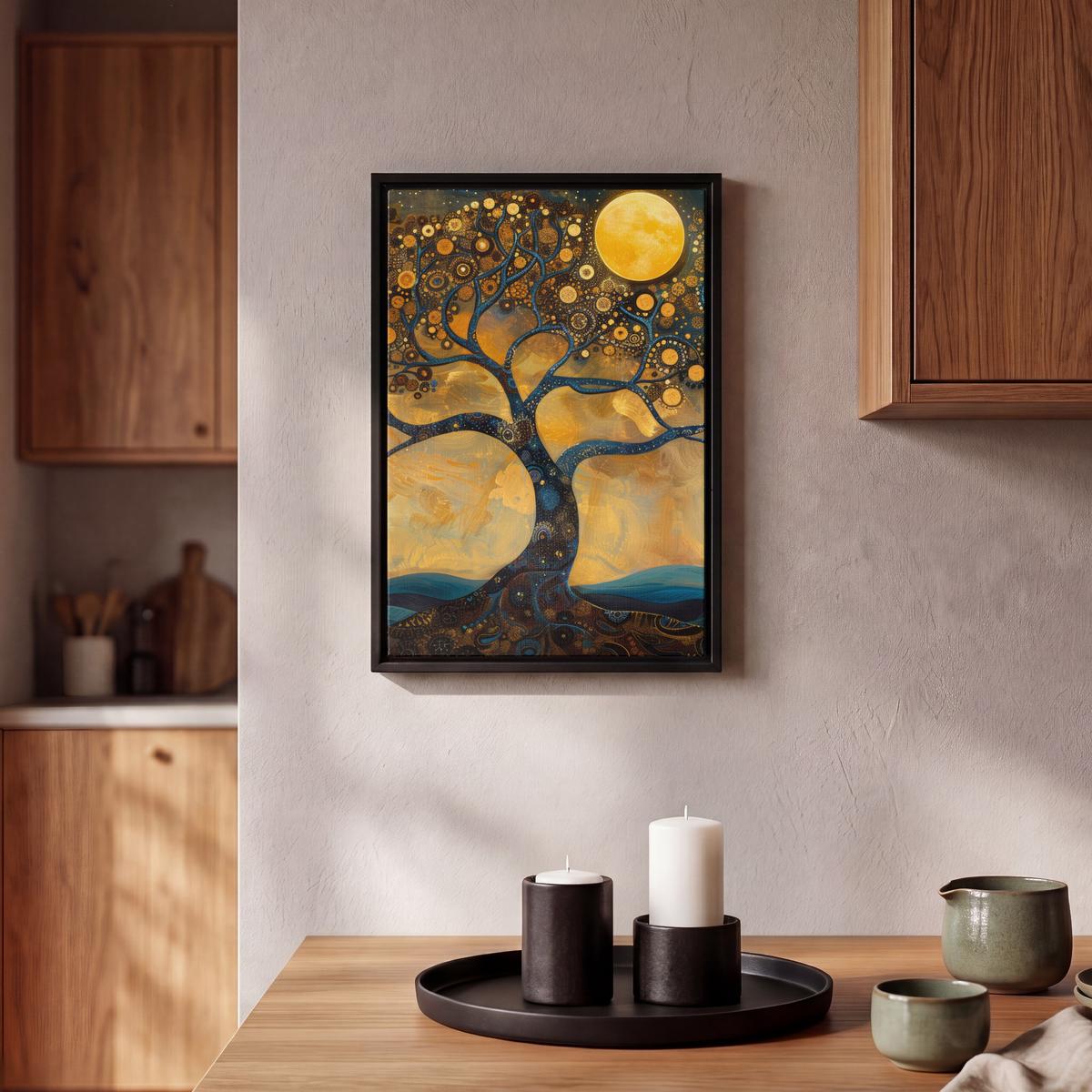 LEINWAND Bilder mit Rahmen - Baum - Mond - Blumen - Gold - Kunst - 20x30 - Orange, Textil (20/30cm) - MuchoWow