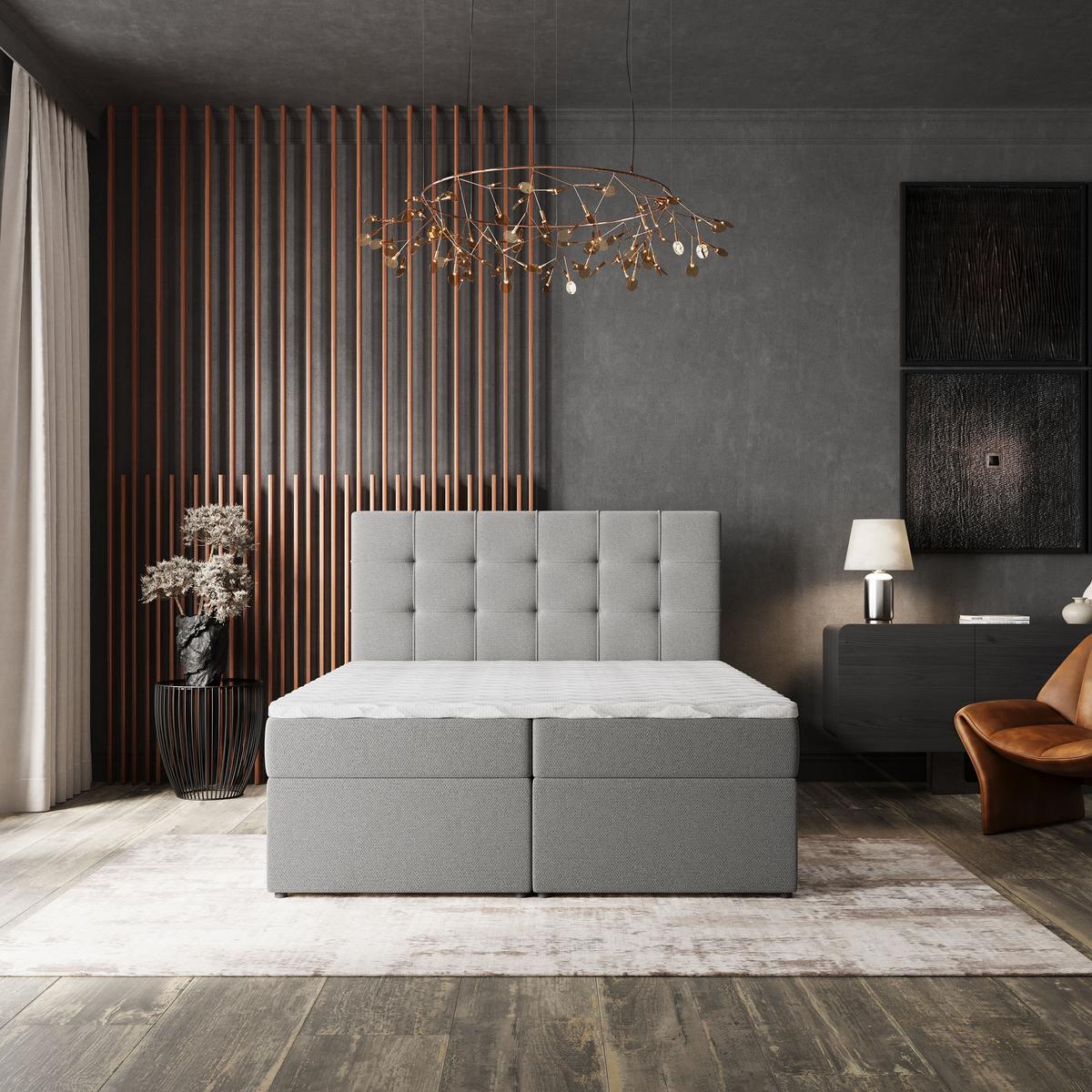 BOXBETT PALMA 180x200 cm mit Matratze und Topper, H2+H3 - Grau - Grau, Holz (180/200cm) - MASSENO