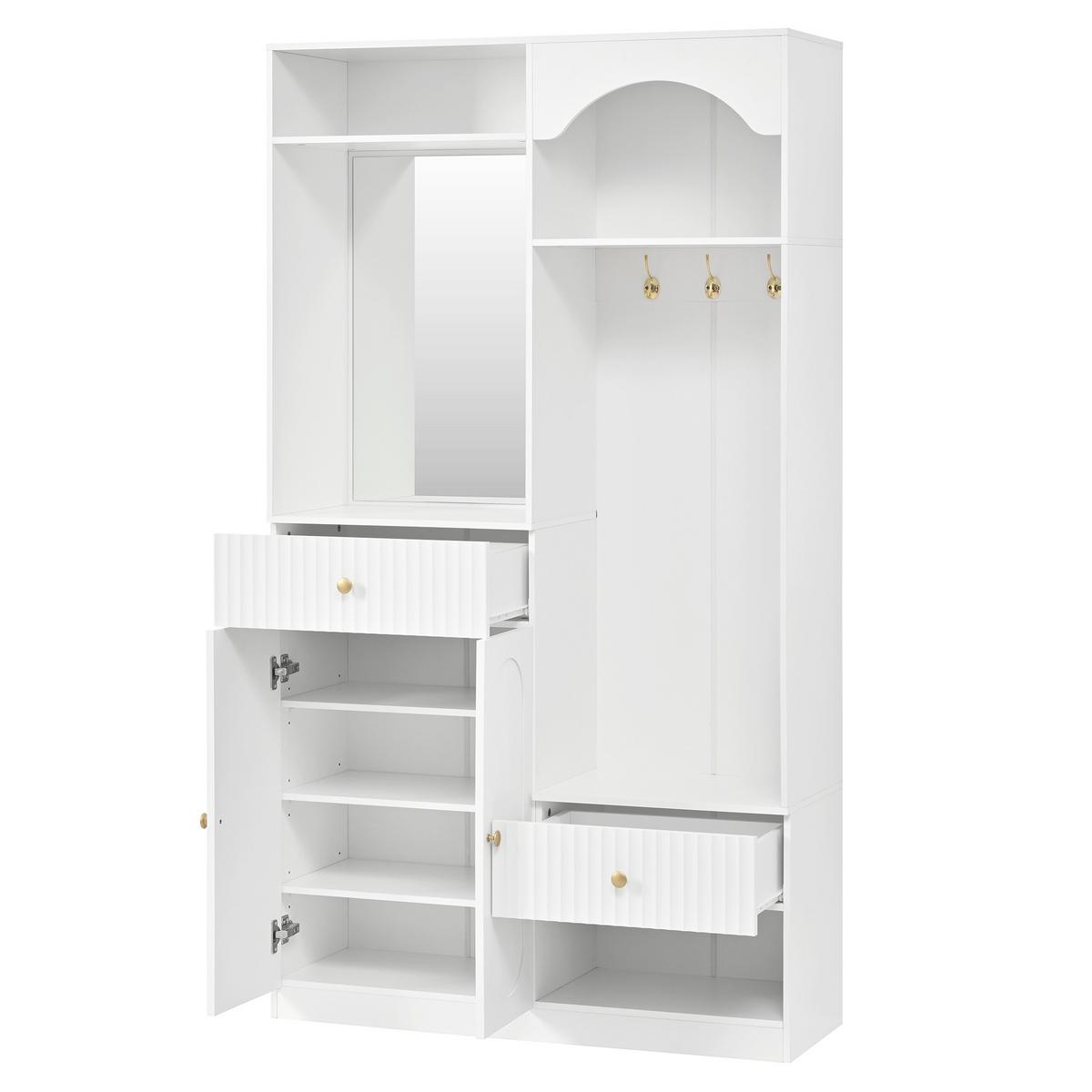 GARDEROBE 100cm Weiß mit LED, Spiegel, Schuhschrank & Sitzbank - Weiß, Holzwerkstoff (100/180/35cm) - Urban Meuble