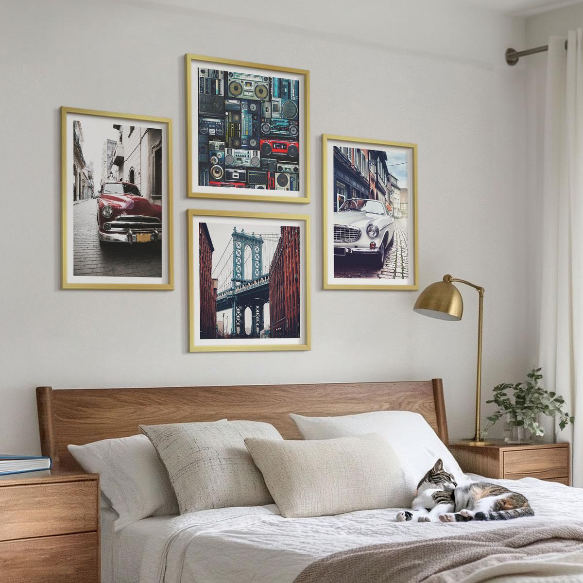 BILDER SET 4er Set - 50x50 cm & 40x60 cm Goldrahmen - Old Cars Brooklyn Retro-Audio - Goldfarben, Kunststoff (50/50cm) - TULUP