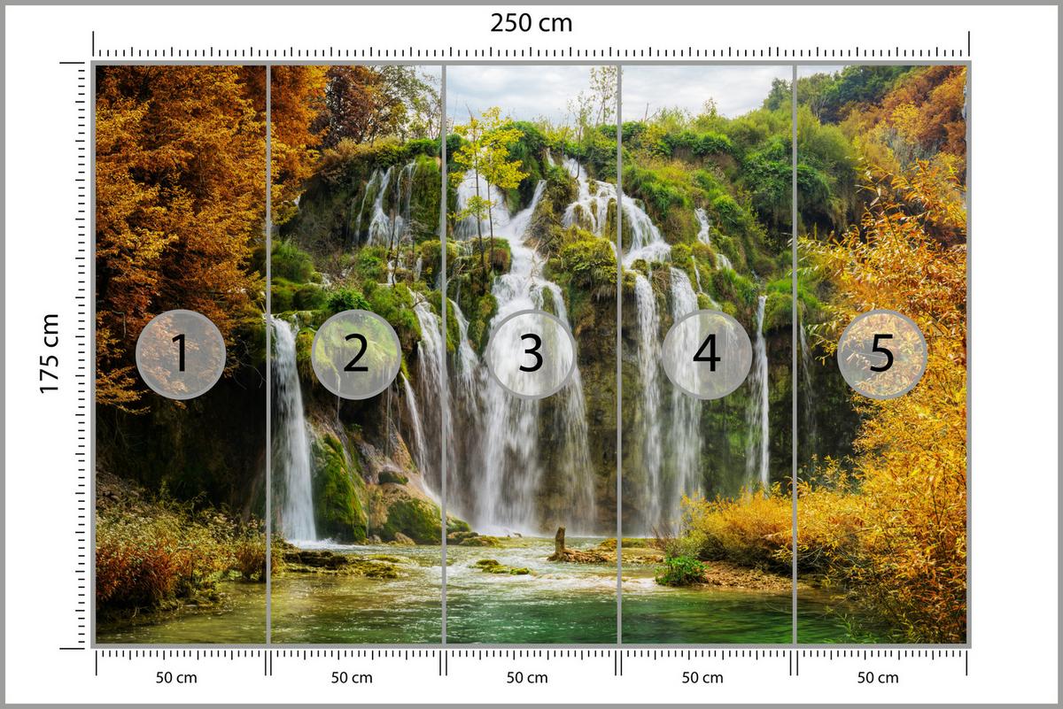 FOTOTAPETE für Esszimmer Exotischer Wasserfall Herbstbaum 250x175 - Gelb/Beige, Papier (250/175cm) - Muralo