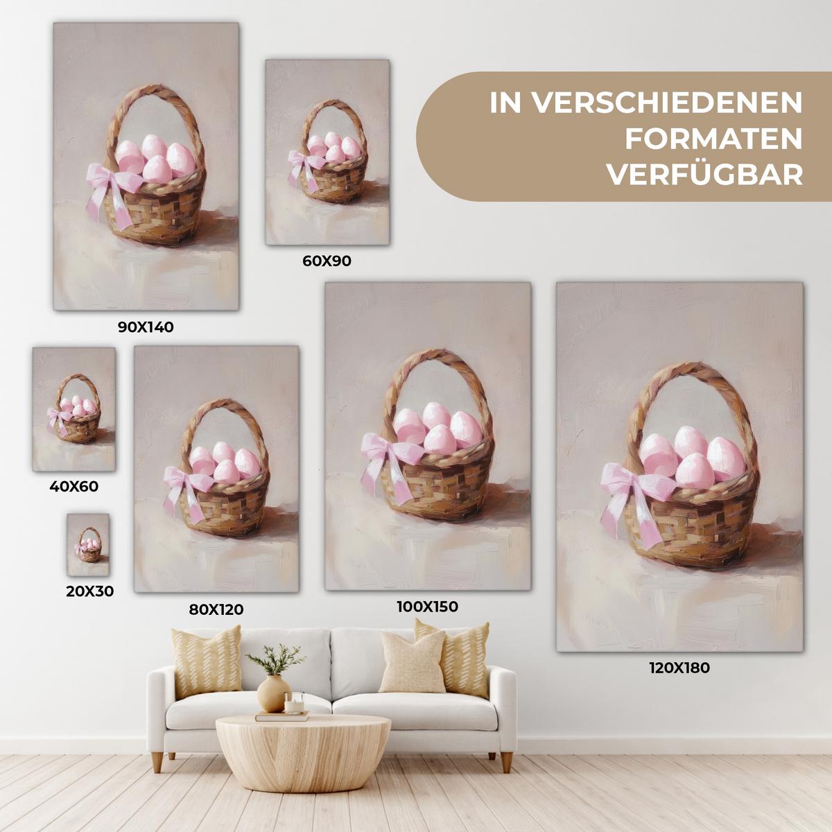 LEINWANDBILD Korb - Eier - Rosa Deko XXL 80x120 cm - Beige, Textil (80/120cm) - MuchoWow